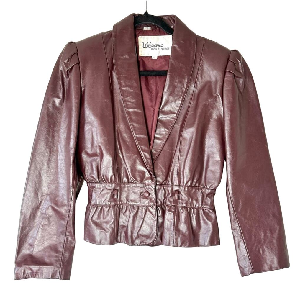 Wilsons Vintage Burgundy Leather Puff Shoulder Fitted Leather Jacket Size 12